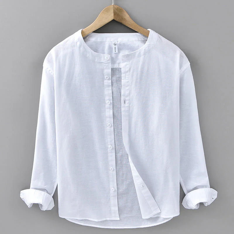 Buddha Stones Men's Spring Pure Color Stand Collar Cotton Linen Long Sleeve Shirt