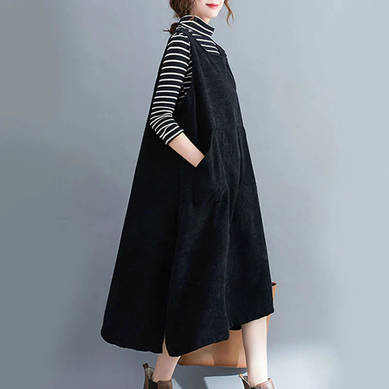 Buddha Stones Commute Crew Neck Women's Sleeveless Cotton Corduroy Midi Dress With Pockets