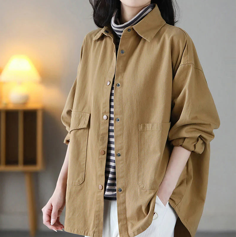 Buddha Stones Vintage Casual Pure Color Lapel Women's Cotton Jacket With Pockets