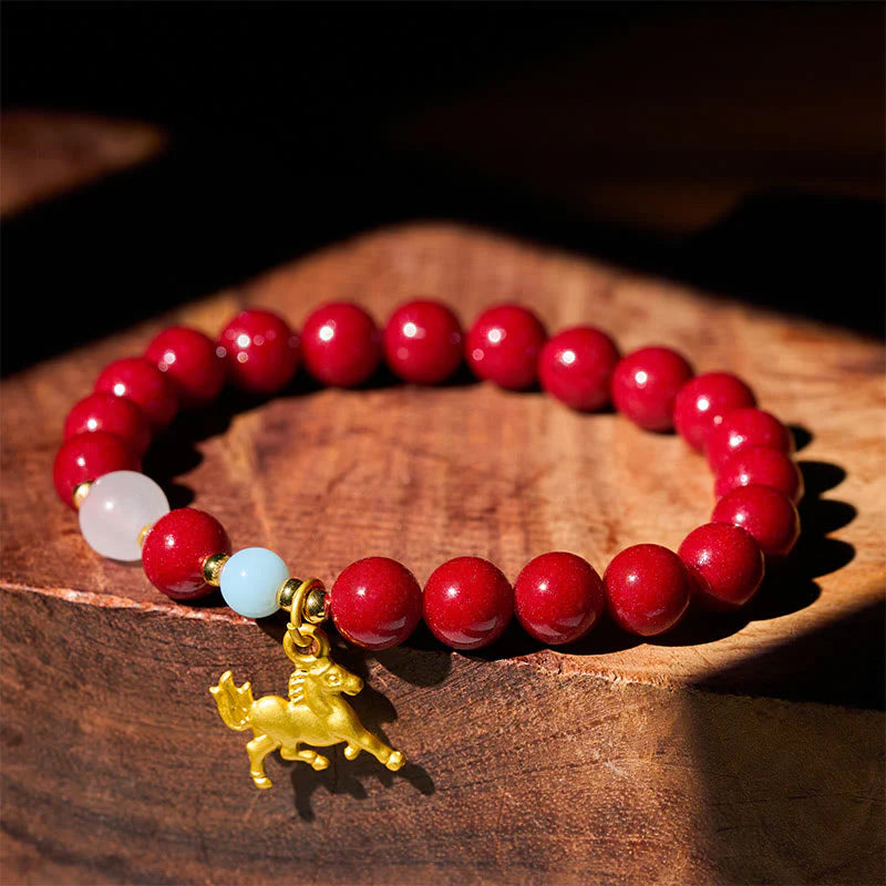 Buddha Stones Year of the Horse Running Horse Charm Cinnabar Blessing Bracelet
