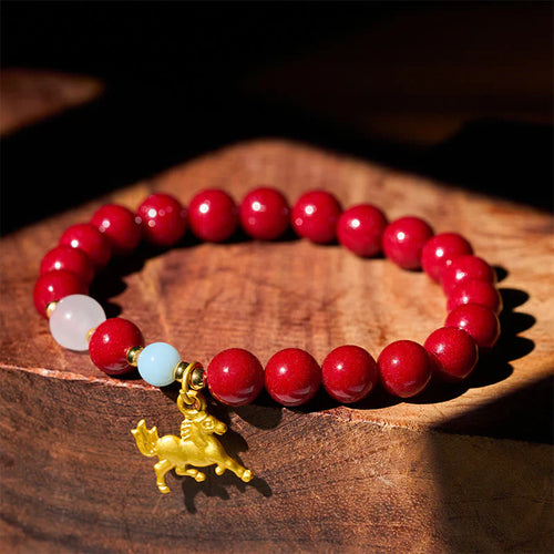 Buddha Stones Year of the Horse Running Horse Charm Cinnabar Blessing Bracelet
