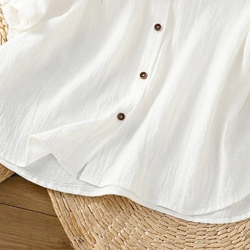 Buddha Stones Casual Plain Buttons Half Sleeve Women's Cotton Linen Shirt With Pocket