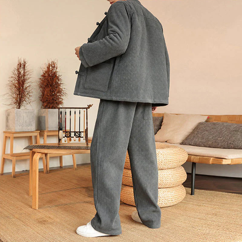 Buddha Stones 2Pcs Winter Solid Men's Tang Suit Frog-Button Cotton Long Sleeve Jacket Pants Set With Pockets