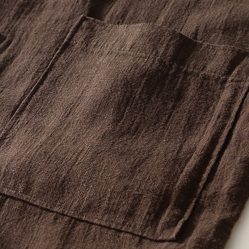 Buddha Stones Solid Color Men's Buttons Long Sleeve Cotton Linen Shirt With Pockets