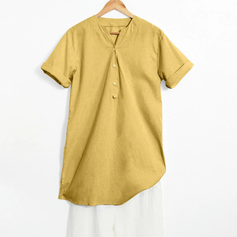 Buddha Stones Casual Plain Button Notched Collar Women's Short Sleeve Shirt