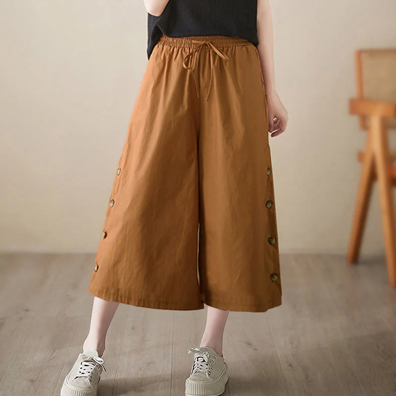 Buddha Stones Plain Buttoned Side Design Capri Cropped Women's Wide Leg Pants With Pockets