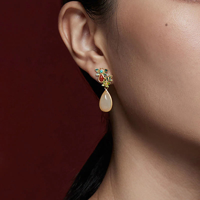 Buddha Stones Water Drop White Jade Red Agate Butterfly Protection Drop Dangle Earrings