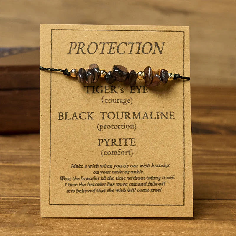Buddha Stones Tiger Eye Black Tourmaline Pyrite Protection Card Rope Bracelet