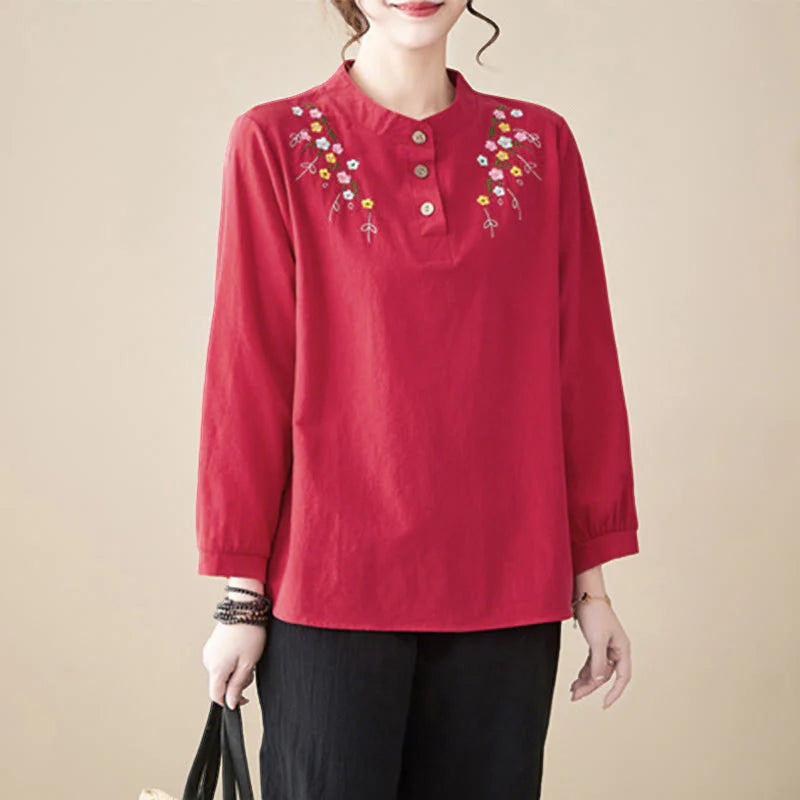 Buddha Stones Women's Spring Embroidered Flower Pattern Stand Collar Long Sleeve Cotton Shirt