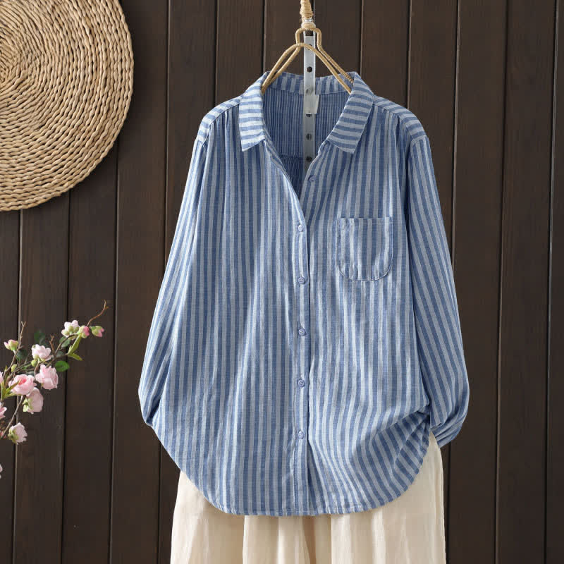 Buddha Stones Spring Vertical Stripes Long Sleeve Decorative Pocket Women's Cotton Buttons Shirt