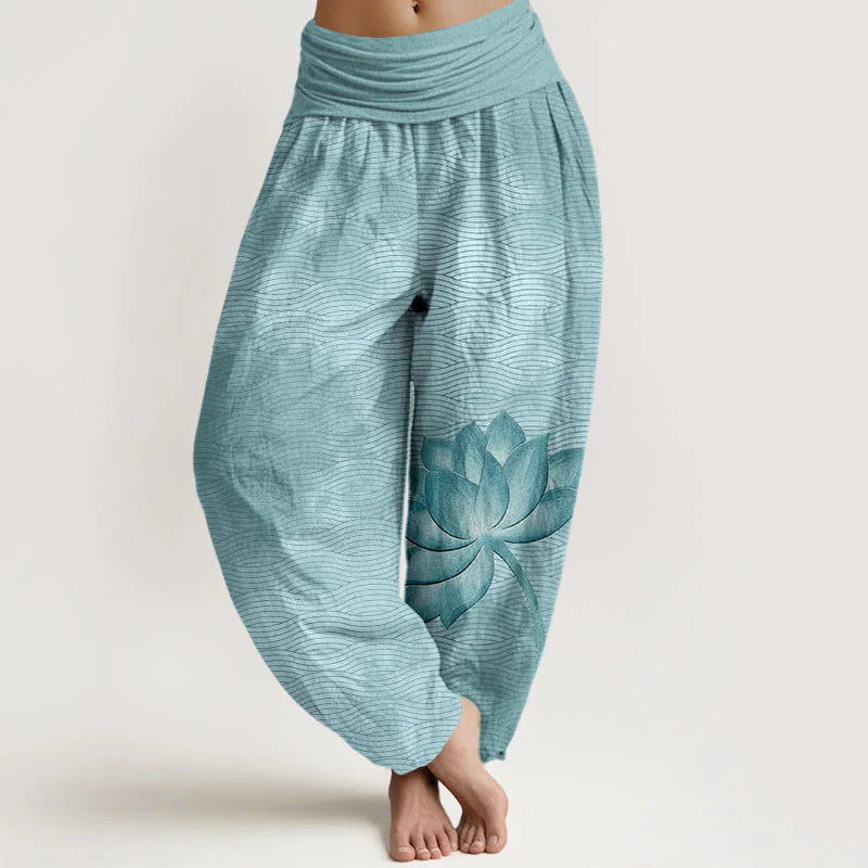 Buddha Stones Cotton Light Color Lotus Wavy Lines Pattern Women's Elastic Waist Harem Pants