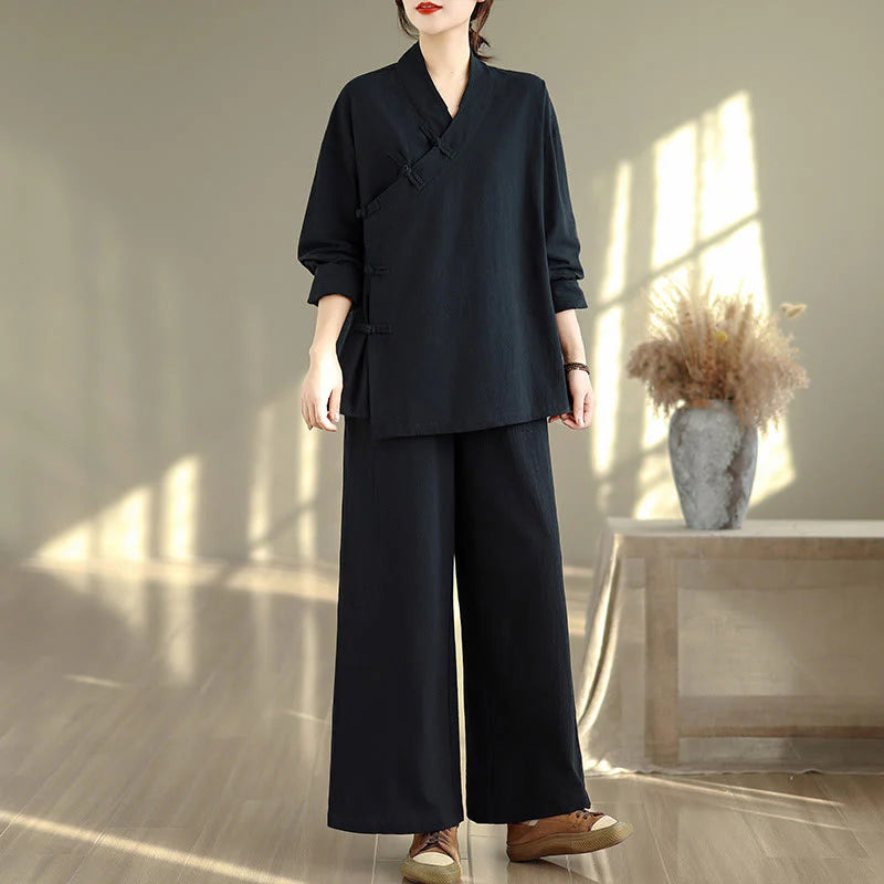 Buddha Stones 2Pcs V-Neck Long Sleeve Shirt Wide Leg Pants Zen Meditation Women's Set