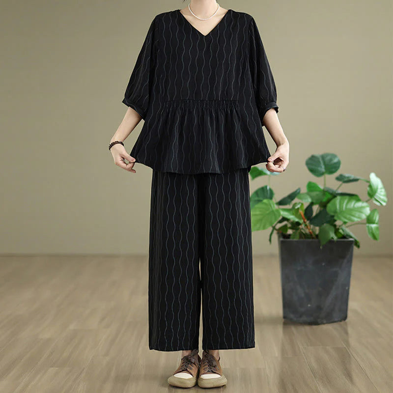 Buddha Stones 2pcs Striped Pattern Short Sleeve Shirt Polyester 7 Length Harem Pants Set With Pocket