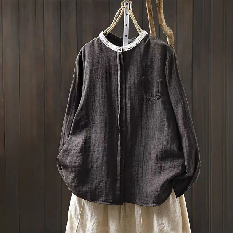 Buddha Stones Spring Fall Lace Collar Button Down Long Sleeve Women's Cotton Shirt