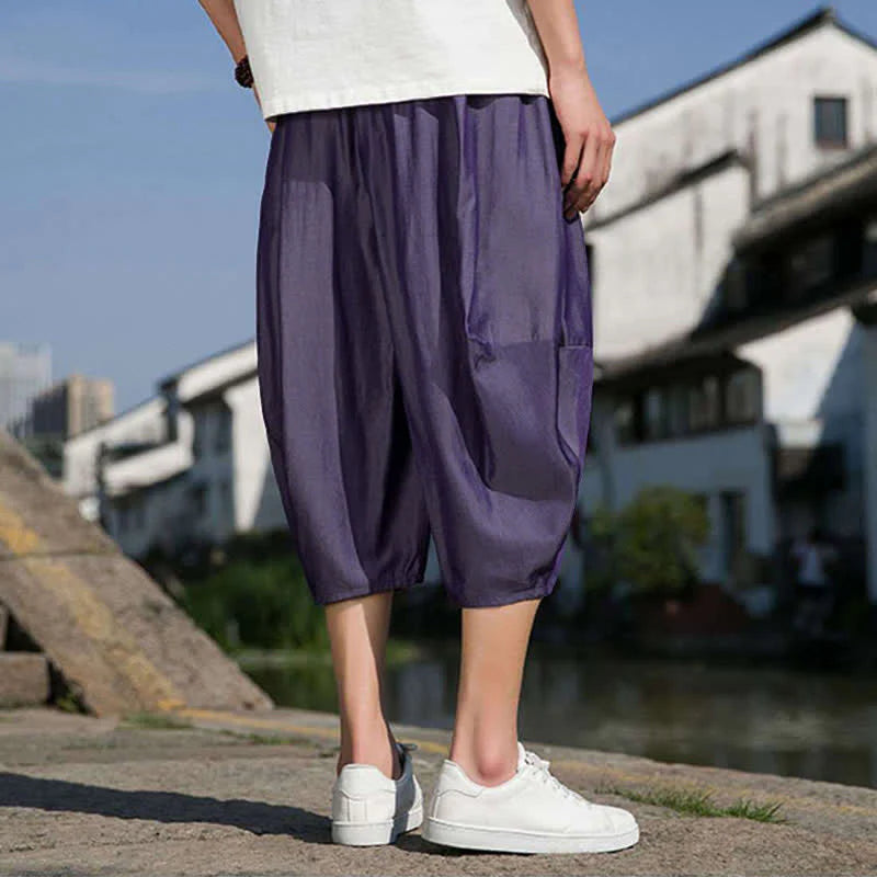 Buddha Stones Summer Elastic Waist Drawstring Solid Color Half Men's Tapered Pants With Pockets