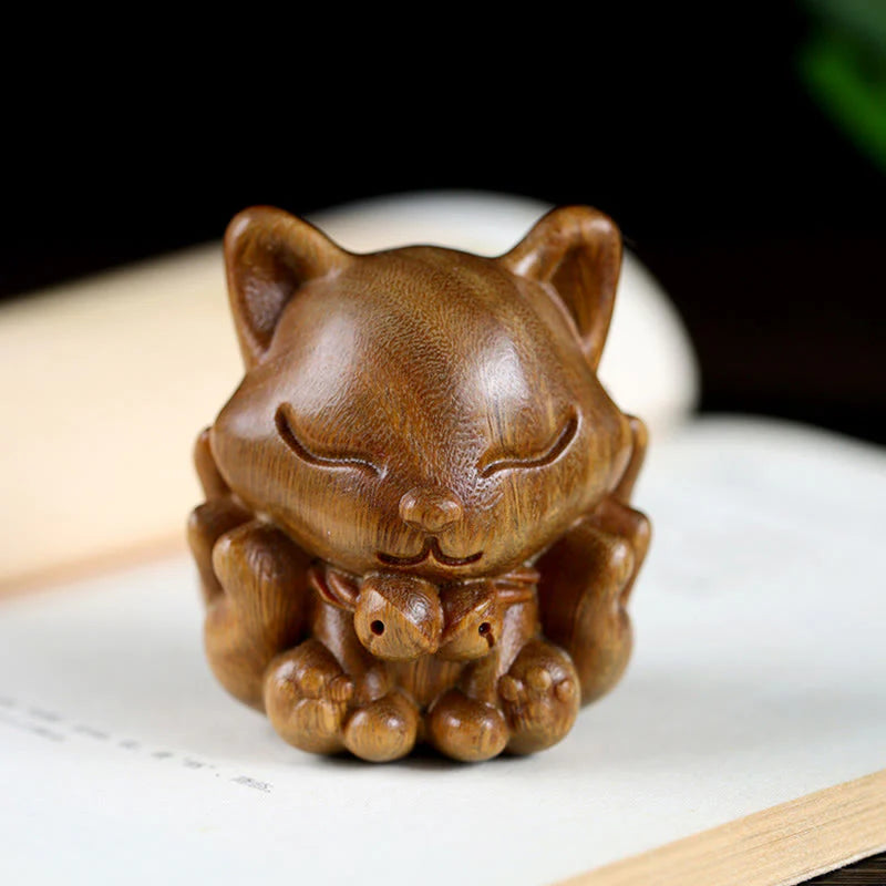 Buddha Stones Mini Nine Tailed Fox Ivory Fruit Sandalwood Green Sandalwood Blessing Decoration