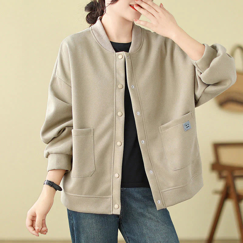 Buddha Stones Plain Women's Buttons Crew Neck Long Sleeve Cotton Jacket With Pockets