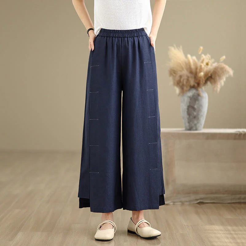 Buddha Stones Spring Casual Navy Simple Line Design Cotton Linen Women's Wide Leg Pants With Pockets
