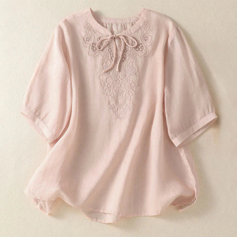 Buddha Stones Summer Embroidery Flower Lace-up Design Notched Collar Women's Short Sleeve Shirt