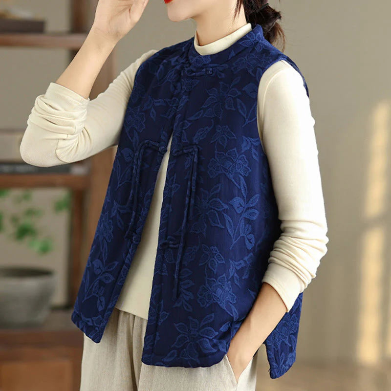 Buddha Stones Jacquard Pattern Frog-button Women's Sleeveless Cotton Vest Waistcoat With Pockets