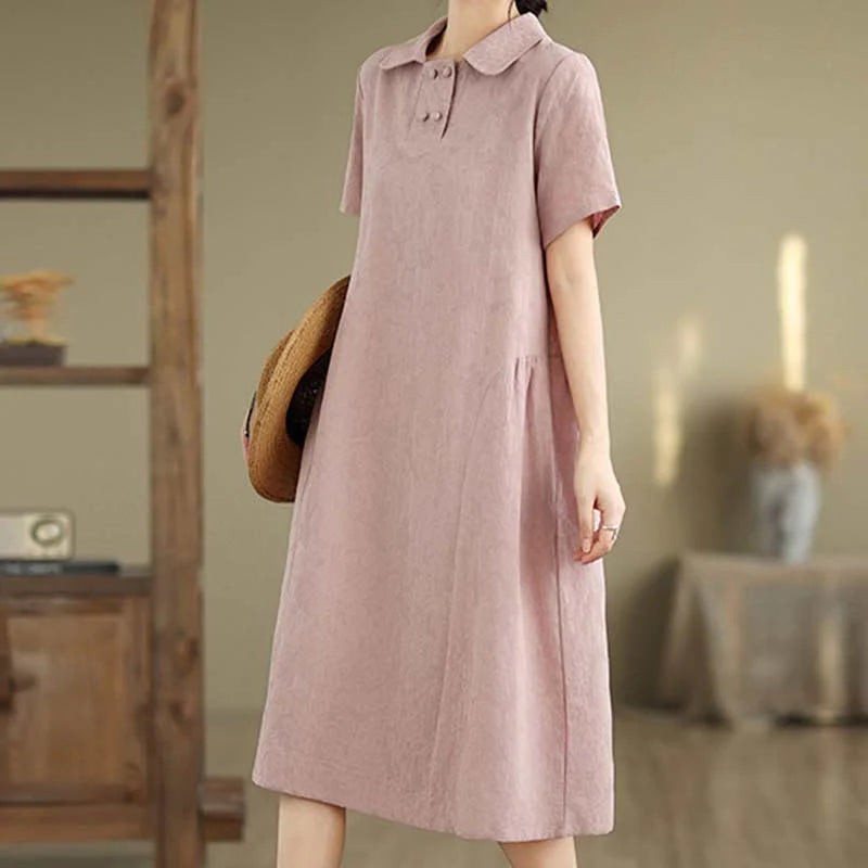 Buddha Stones Plain Jacquard Lapel Cotton Linen Short Sleeve Midi Dress With Pockets