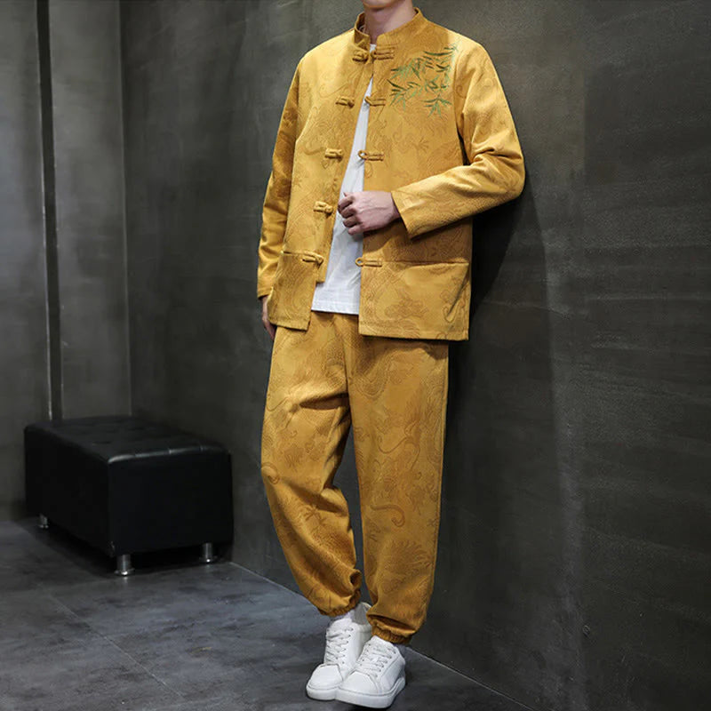 Buddha Stones 2Pcs Spring Dragon Bamboo Clouds Men's Tang Suit Frog-Button Cotton Long Sleeve Jacket Pants Set With Pockets