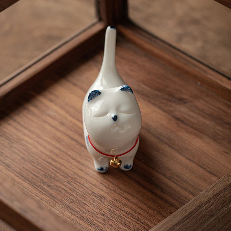 Buddha Stones Mini Lucky White Cat Kitten Tea Pet Ceramic Home Desk Figurine Decoration