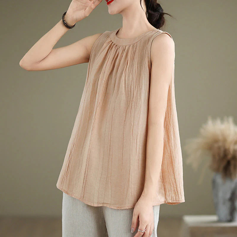 Buddha Stones Summer Wrinkles Simple Design Crew Neck Cotton Linen Women's Sleeveless Vest Waistcoat