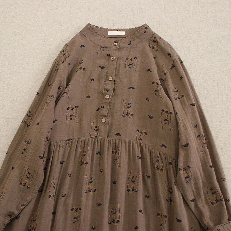 Buddha Stones Spring Small Floral Print Buttons Design Crew Neck Long Sleeve Midi Dress With Pockets