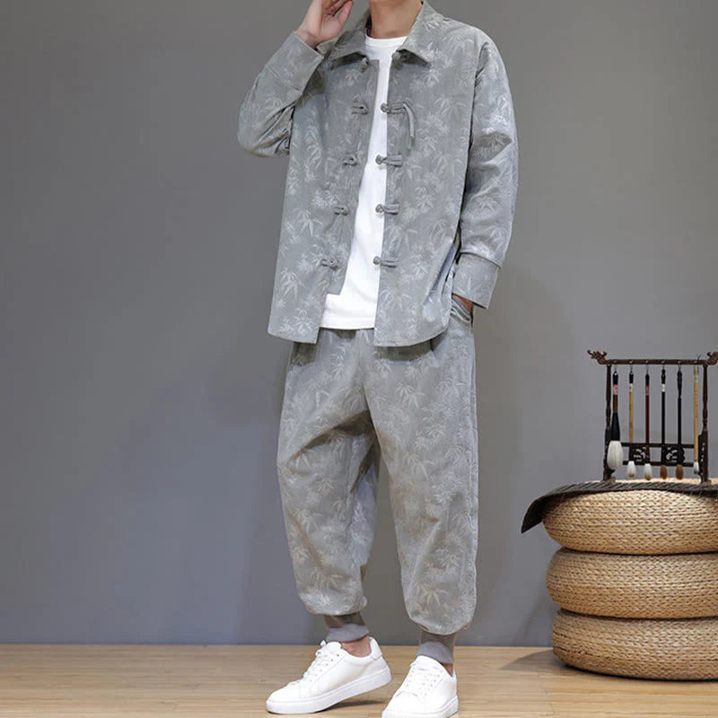 Buddha Stones 2Pcs Winter Thick Bamboo Men's Tang Suit Frog-Button Cotton Corduroy Long Sleeve Jacket Pants Set With Pockets