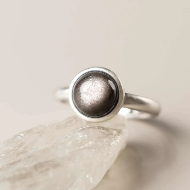 Buddha Stones Natural 925 Sterling Silver Silver Sheen Obsidian Adjustable Protection Ring