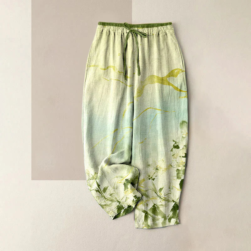 Buddha Stones Pure Cotton Ink Flower Golden Lines Pattern Women's Elastic Waist Pants With Pockets