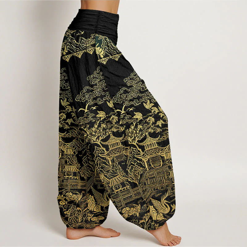 Buddha Stones Cotton Classical Architecture Landscape Animal Auspicious Clouds Pattern Women's Elastic Waist Harem Pants