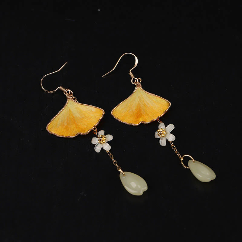 Buddha Stones Handmade Silk Craft Yellow Ginkgo Leaf Copper Hook Good Fortune Dangle Earrings