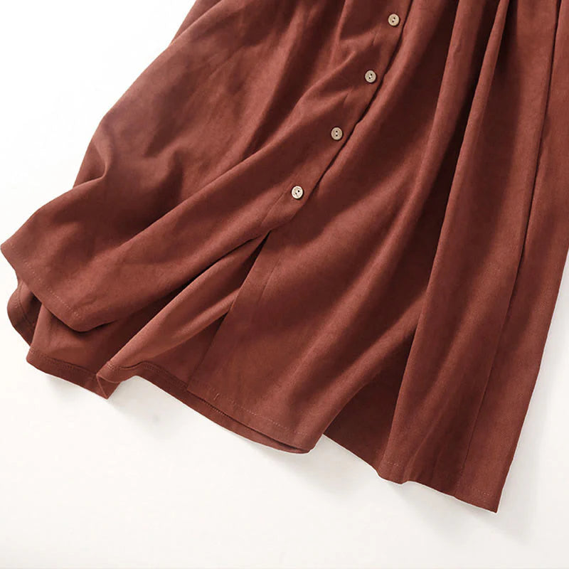 Buddha Stones Fall Solid Color Buttons Down Lace-up Design Long Sleeve Midi Dress With Pockets