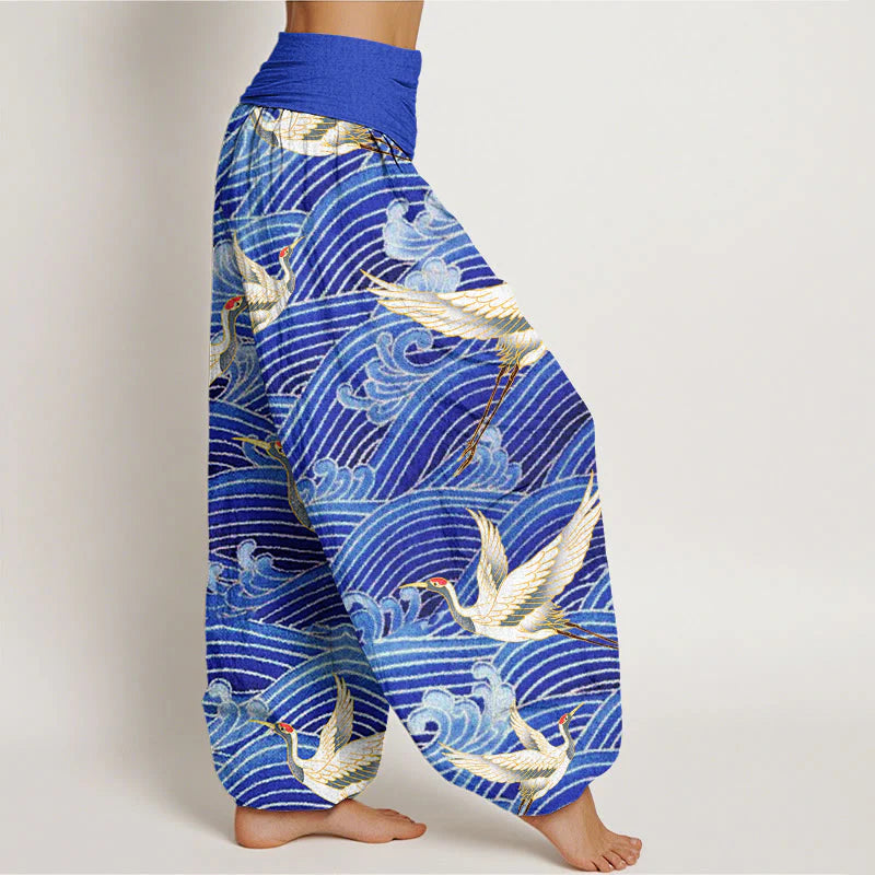 Buddha Stones Cotton Casual Crane Ocean Waves Pattern Elastic Waist Women's Harem Pants
