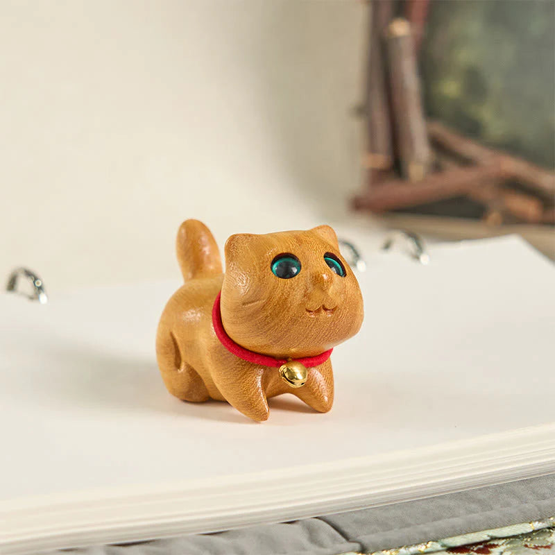 Buddha Stones Mini Sandalwood Carved Lucky Confident Cat Healing Decoration