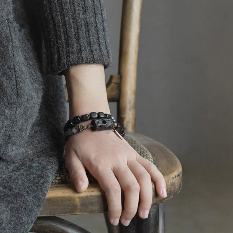 Buddha Stones Ebony Wood Black Rutilated Quartz Copper Brass Double Wrap Balance Bracelet (Extra 30% Off | USE CODE: FS30)