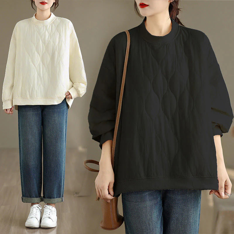 Buddha Stones Fall Solid Curved design Crew Neck Long Sleeve Women's Cotton Sweatshirt With Pockets