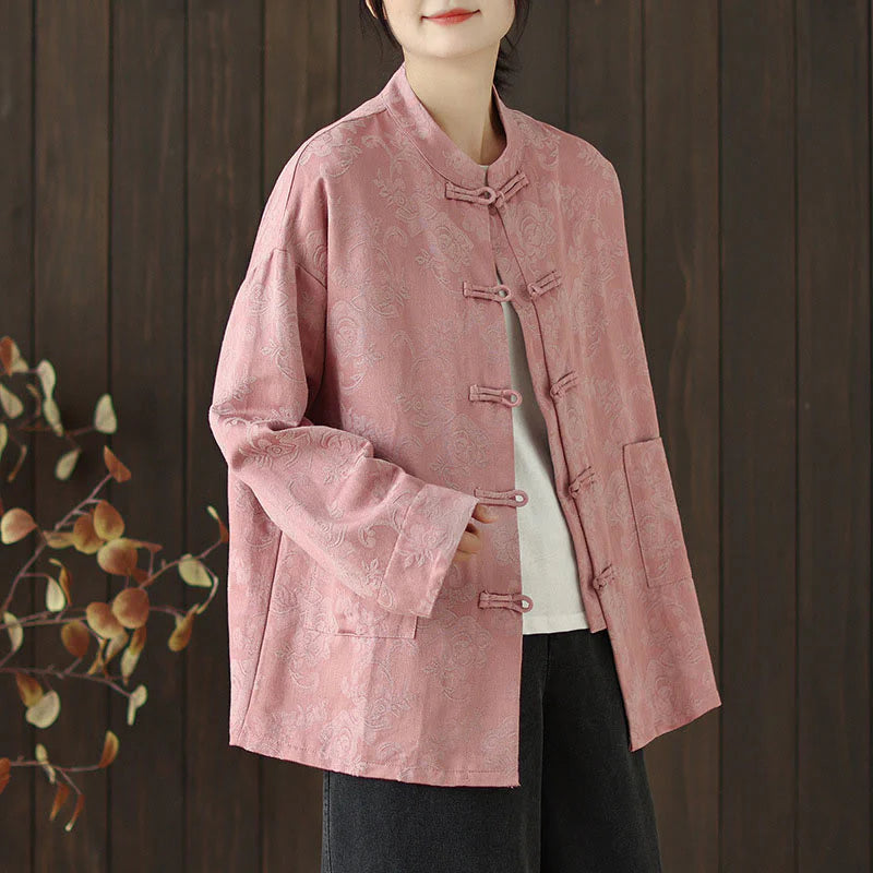 Buddha Stones Fall Floral Print Frog-Button Stand Collar Long Sleeve Women's Cotton Shirt