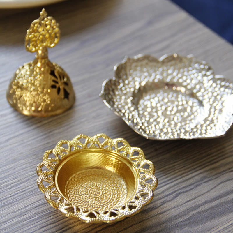 Buddha Stones Gold Leaf Coaster Spiritual Mini Alloy Metal Incense Burner