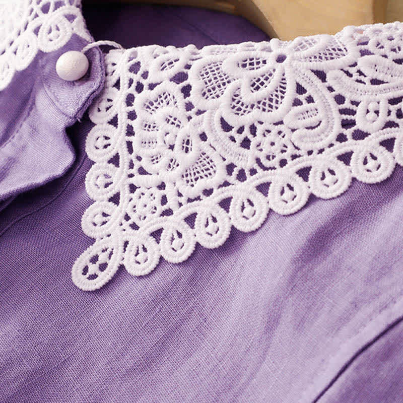 Buddha Stones Summer Hollow Lace Design Lapel Sleeveless Cotton Midi Dress With Pockets