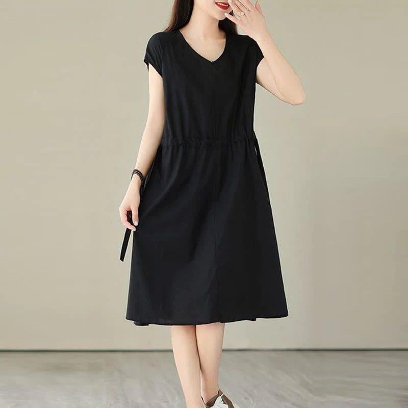 Buddha Stones Pure Color Lace-Up Short Sleeve Cotton Linen Midi Dress With Pockets