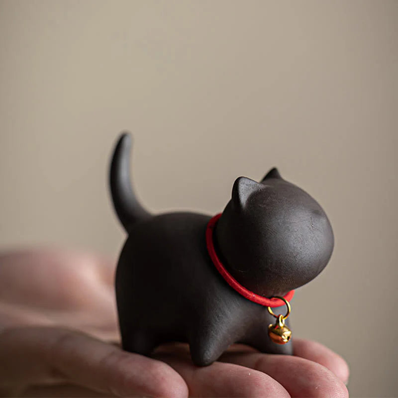 Buddha Stones Mini Lovely Red Rope Bell Cat Tea Pet Purple Clay Figurine Desk Decoration