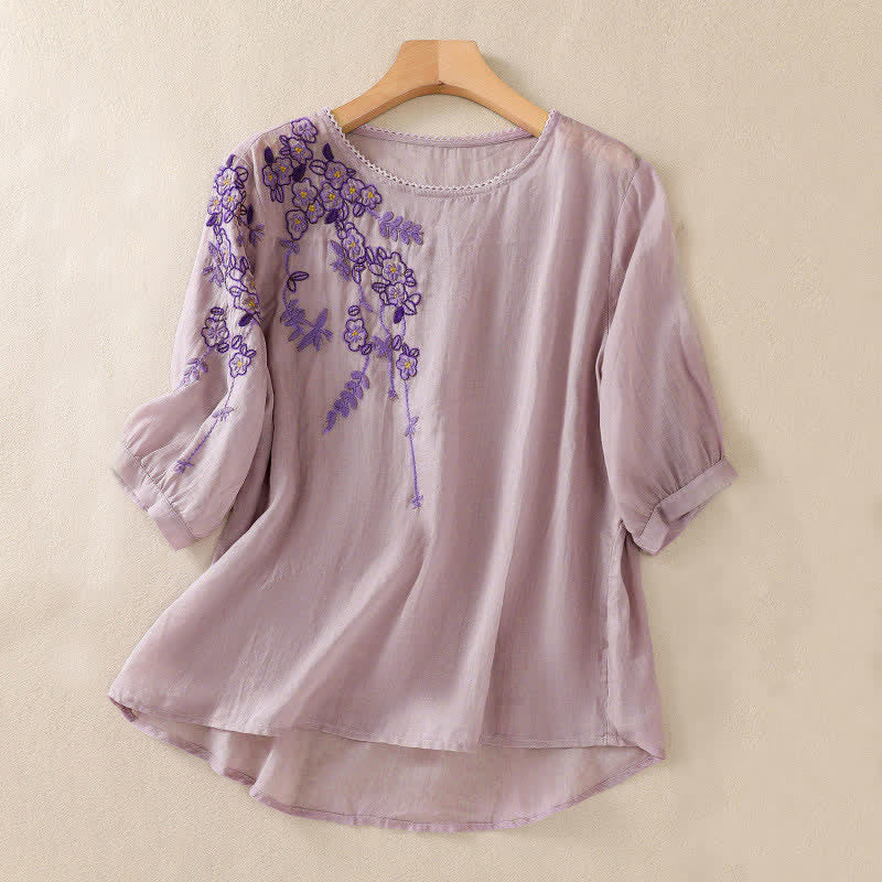 Buddha Stones Retro Embroidery Floral Pattern Short Sleeve Crew Neck Women's Shirt