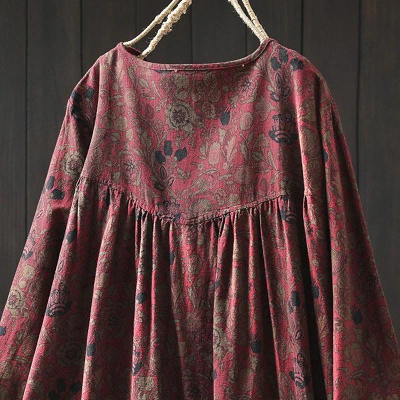 Buddha Stones Retro Floral Pattern A-line Design Long Sleeve Women's Cotton Maxi Dress