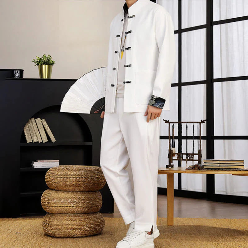 Buddha Stones 2Pcs Tang Suit Frog-Button Men's Waves Long Sleeve Shirt Pants Clothing Set