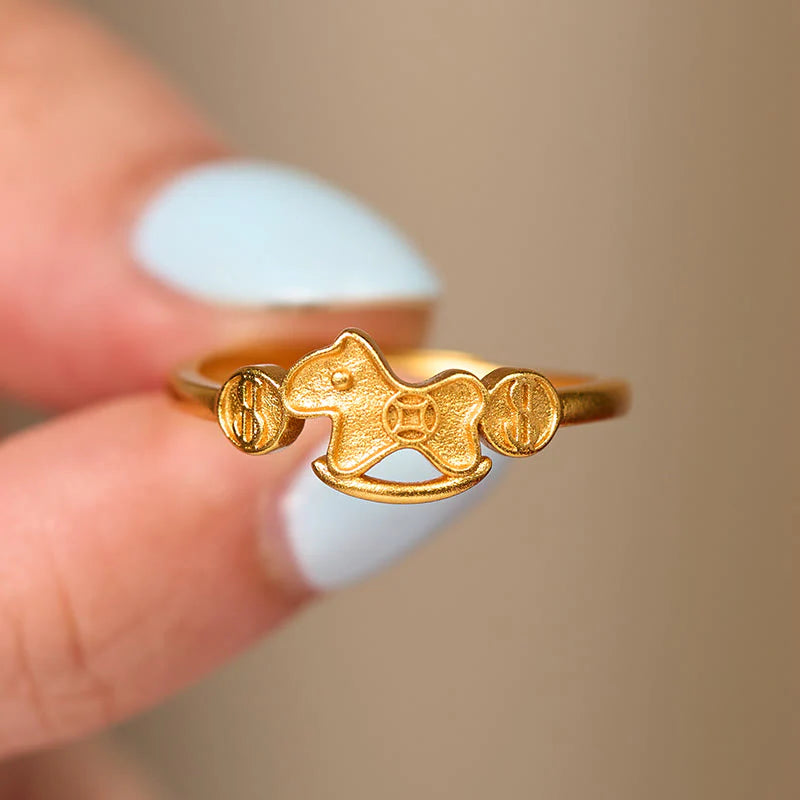 Buddha Stones Year Of The Horse 24k Gold Plated Brass Copper Coin Adjustable Ring