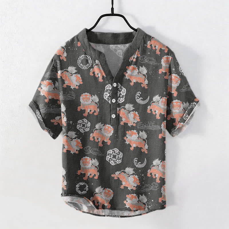 Buddha Stones Cotton Lion Waves Cloud Men's Short Sleeve Shirt Lightweight Resort Boxy Fit