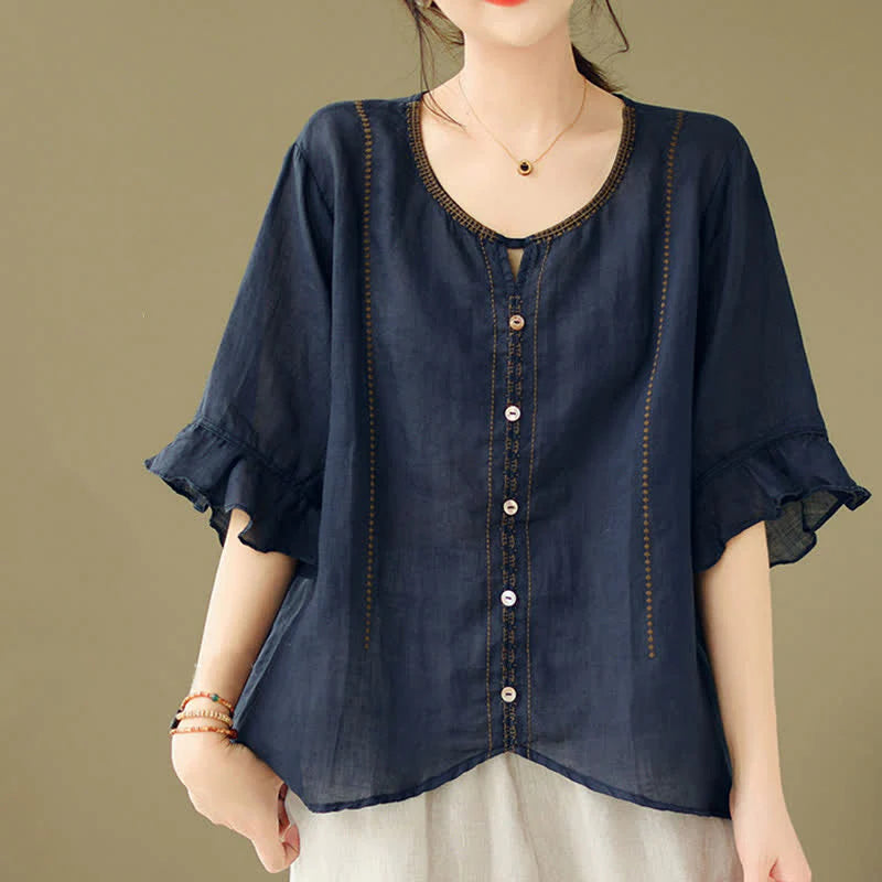 Buddha Stones Embroidery Buttons Crew Neck Flared Short Sleeve Women's Shirt